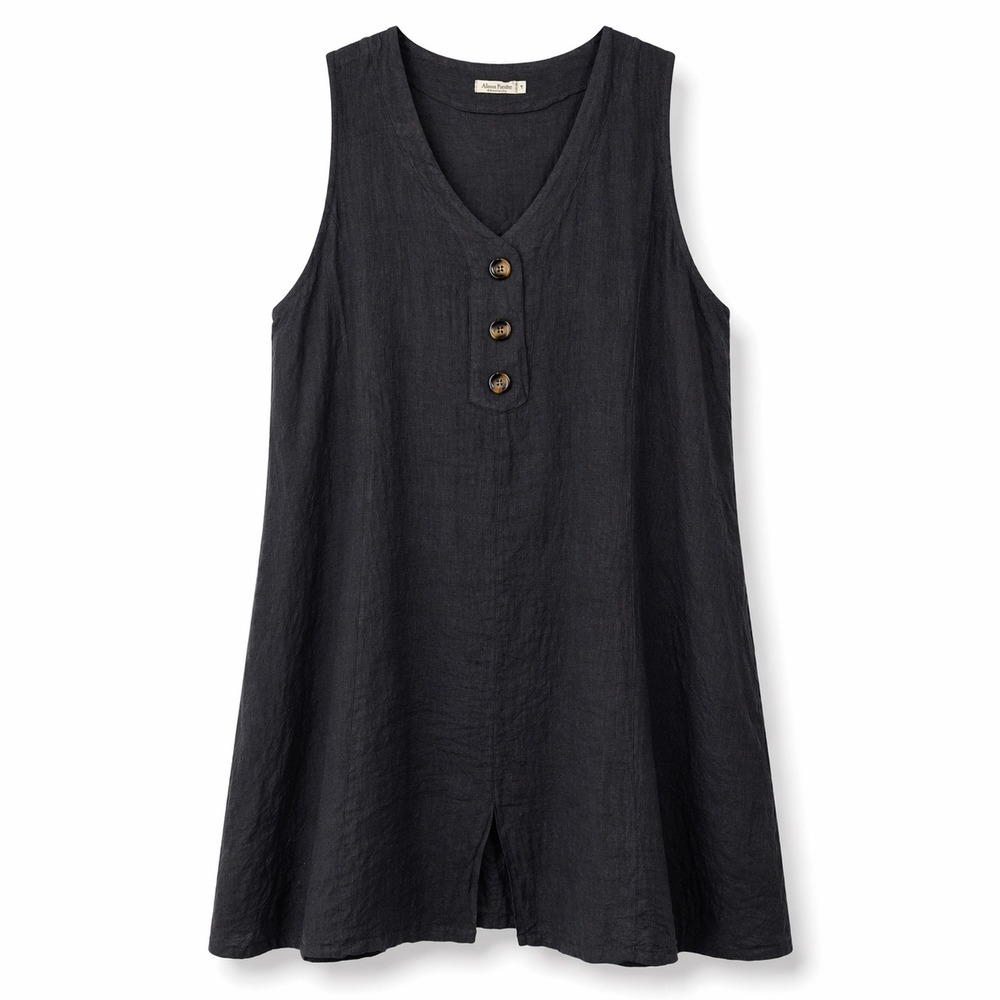 Alessia Pacini Italy Dark Gray Linen V-Neck‎ Button Tunic Dress Plus Size 2X